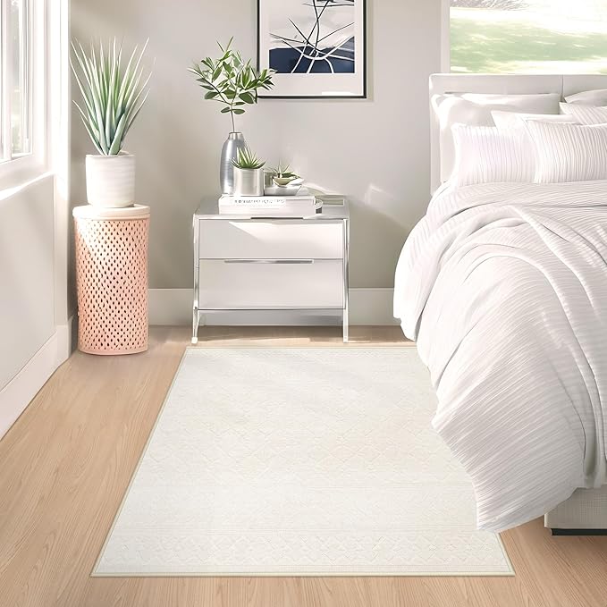 2x3 Rug Entryway Rugs: Washable Boho Small Geometric Moroccan Printed Pattern Rug Modern Indoor Soft Non Slip Ultra Thin Front Door Mat for Kitchen Bedroom (Beige, 2'x3')