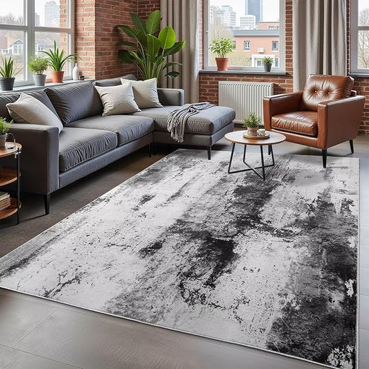 Washable Abstract Rug, 5x7 Modern Area Rugs with Non-Slip Rubber Backed for Living Room, Thin but Soft Contemporary Carpet Kitchen Bedroom Dining Room Decor, Black Grey