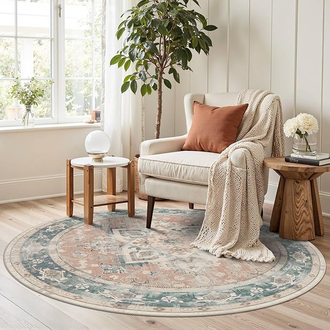 4ft Circle Rug, Soft Round Boho Rug, Washable Non Slip Area Rug for Living Room, Bedroom, Dining Room, Entryway, Round Rugs for Home, Patio, Office, Kids Room, Coral(Blue&Orange)