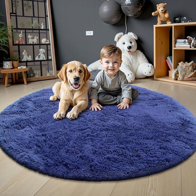 OLANLY Navy Blue Round Rugs for Bedroom - Machine Washable, 4x4 Feet Circle Area Rugs for Living Room, Soft and Fluffy Shaggy Carpet for Teen Girls and Boys, Dorms, Nursery Rooms, Home Decor Aesthetic