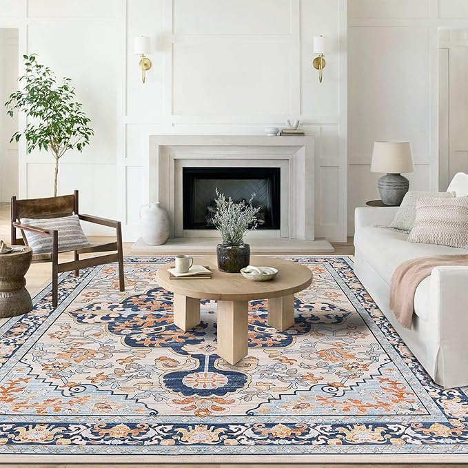 U'Artlines Boho Vintage Area Rug 8x10 Machine Washable Low Pile Soft Floor Carpet Non Slip Non Shedding Accent Rug for Living Room Bedroom Entryway Dining Room Office Orange Blue