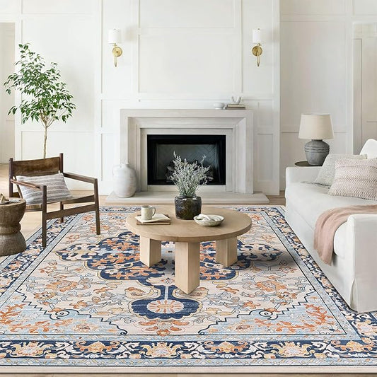U'Artlines Boho Vintage Area Rug 8x10 Machine Washable Low Pile Soft Floor Carpet Non Slip Non Shedding Accent Rug for Living Room Bedroom Entryway Dining Room Office Orange Blue