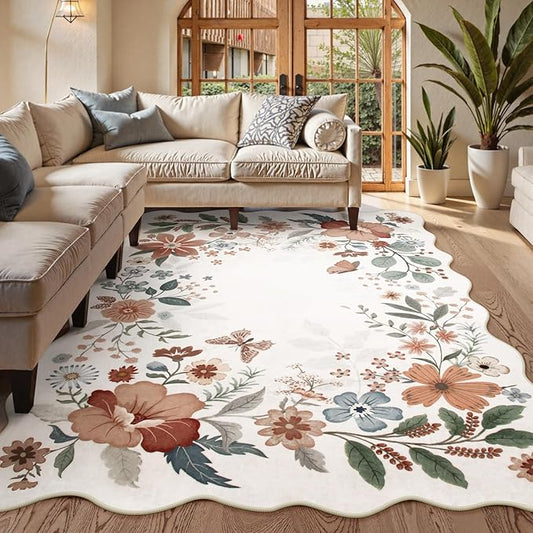 Beeiva Boho Area Rugs 8x10, Washable Floral Rug for Living Room, Ultra Thin Large Carpet for Playroom, Dining Room, Bedroom or Nursery - Beige