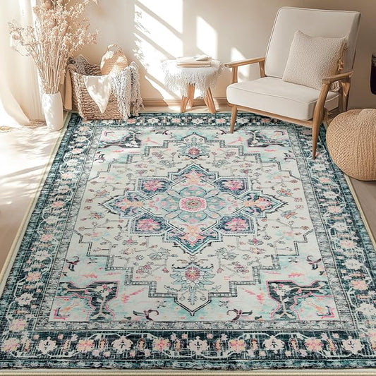 BESTSWEETIE 6x9 Area Rugs for Living Room, Washable Ultra Soft Boho Vintage Print Pattern Rug Non Slip Low Pile Carpet for Dining Room Bedroom Entryway Indoor-Multi/Blue/Beige/Pink