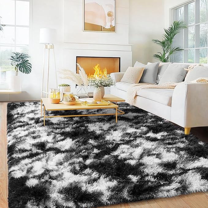 Black and White Rug for Living Room, 8x10 Fluffy Plush Area Rugs Anti-Skid Floor Carpets, Ultra Soft Modern Indoor Shag Rug for Bedroom Kids Room Nursery Dorm Home Decor Aesthetic