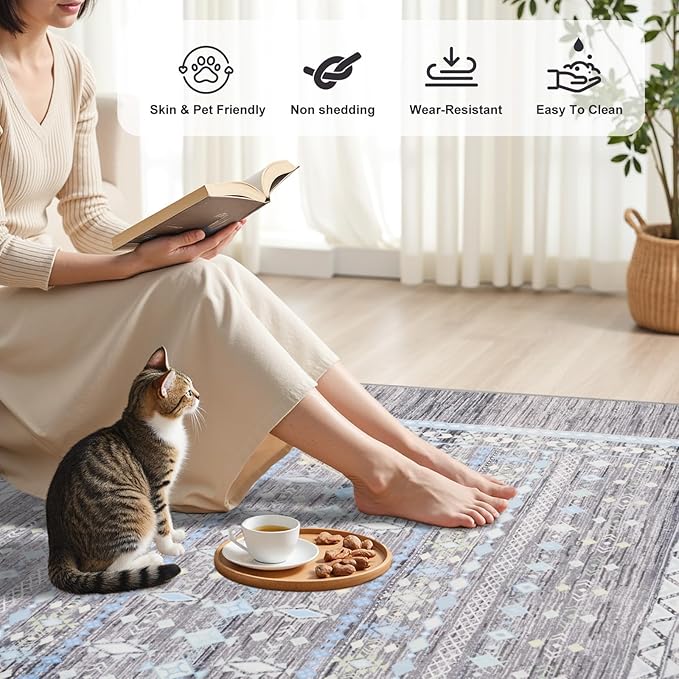 2x3 Small Rugs for Bedroom, Washable Aztec Geometric Indoor Entryway Door Rug with Non-Slip Backing, Soft Moroccan Throw Rug Western Carpet for Kitchen Home Office, Grey & Blue