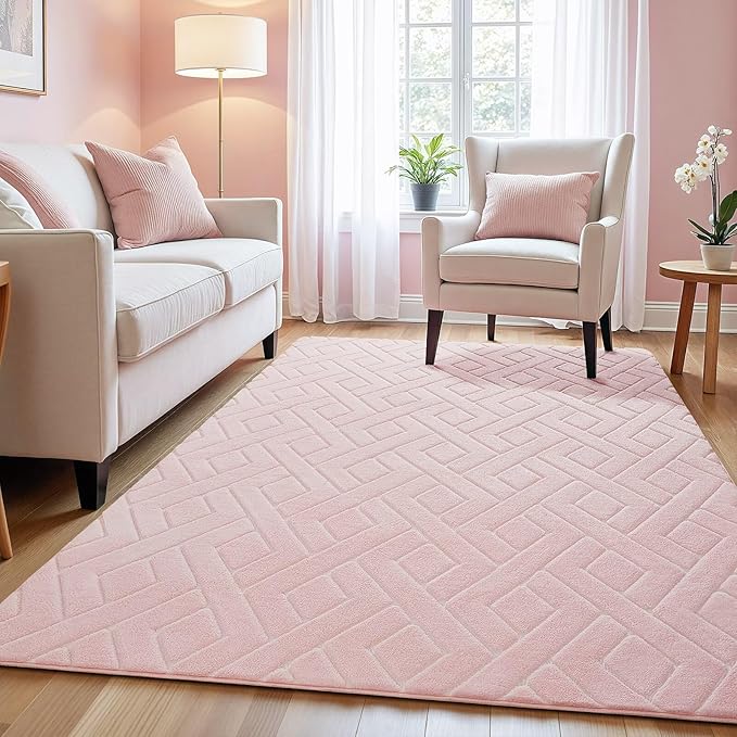 Ultra Soft Pink Area Rug for Girls Bedroom, 3x5 Modern Geometric Shag Rugs with Nonslip Backing for Living Room, Washable Fuzzy Carpet for Cozy Kids Room Nursery