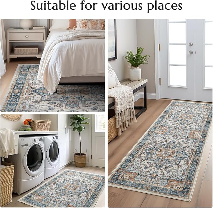 jinchan Area Rug 3x5 Washable Soft Thin Vintage Low Pile Non Slip Distressed Carpet Indoor Oriental Medallion Rug for Bedside Bathroom Bedroom Laundry Room Dining Room Terra Red Multi
