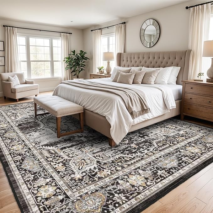 Washable Rugs 10x14 Area Rug：Large Rugs for Living Room - Oriential Distressed Printed Floral Carpet - Non Slip with Rubber Backing Area Rug 10'x14' Black