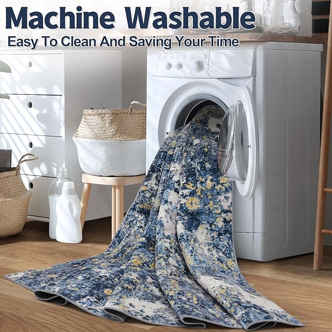 10x14 Area Rugs Living Room Rugs: Large Washable Rug with Anti-Slip Backing Non-Shedding Stain-Resistant Soft Abstract Carpet for Bedroom Dining Room Nursery Home Office-Blue/Multi