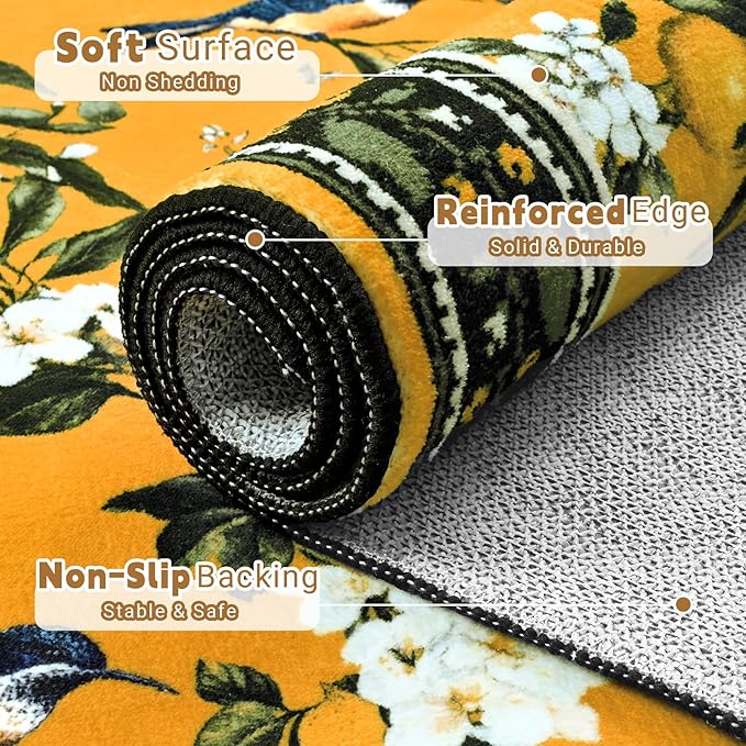 ASPMIZ Yellow Floral Area Rug, Lemon Hummingbird 3x5 Rug Washable Non Slip, Vintage Rugs for Living Room, Foldable Low Pile Soft Throw Rug Carpet for Bedroom Kitchen Dining Room Nursery Office