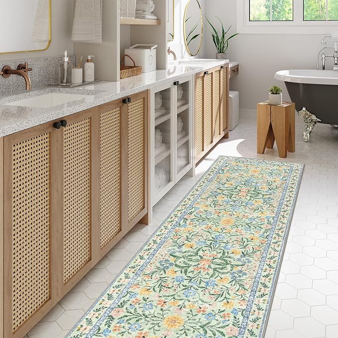 Lahome Machine Washable Runner Rug 2x6,Boho Bathroom Rug Runner,Vintage Floral Soft Ultra-Thin Indoor Throw Carpet for Entryway Bedroom Hallway Bath Laundry Room, Green/Multi