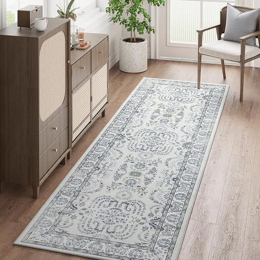 jinchan Kitchen Runner Rug 2x8 Vintage Floral Hallway Washable Rug Retro Runner Non Slip Accent Soft Boho Thin Carpet for Bedroom Bathroom Laundry Room Living Room Grey