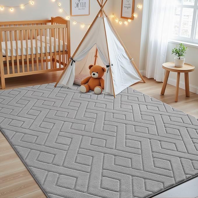 Ultra Soft Grey Area Rug for Living Room, 6x9 Modern Geometric Shag Rugs with Nonslip Backing for Bedroom, Washable Fuzzy Carpet for Cozy Kids Room Nursery