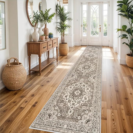 Washable Oriental Hallway Runner Rug - 3x14 Rugs for Living Room Soft Carpet for Bedroom Kitchen Waterproof Floral Distressed Indoor Stain Resistant Non-Shedding Floor Carpets (Beige, 3X14)