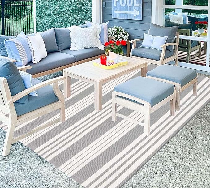 BUAGETUP Grey and White Striped Outdoor Patio Rug 4' x 6',Hand Woven Cotton Patio Rug Front Porch Rug Indoor Outdoor Area Rug for Bedroom/Living/Room/Patio
