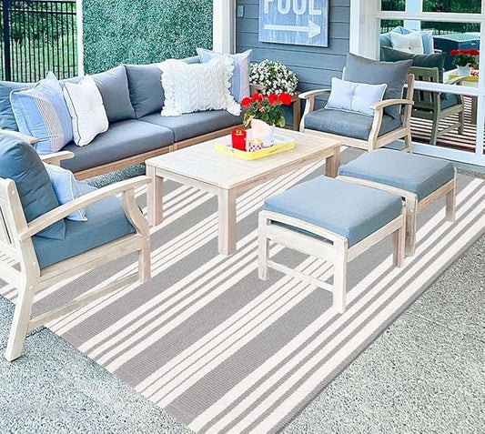 BUAGETUP Grey and White Striped Outdoor Patio Rug 4' x 6',Hand Woven Cotton Patio Rug Front Porch Rug Indoor Outdoor Area Rug for Bedroom/Living/Room/Patio