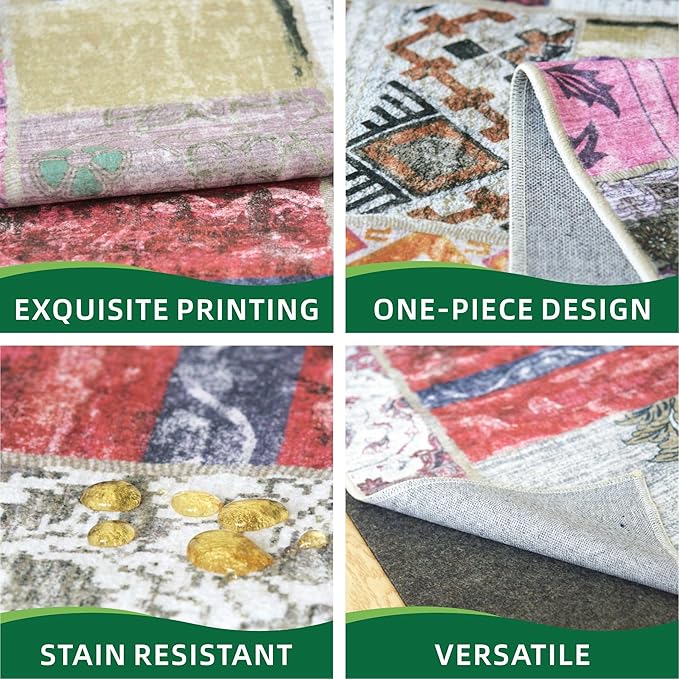Washable Patchwork Runner Rug with Faux Wool Fabric and Non-Slip Backing for Living Room, Bedroom, Hallway, Printed Boho Floor Decoration Stain-Resistant Foldable Mat (Multi, 2'6" x 10')