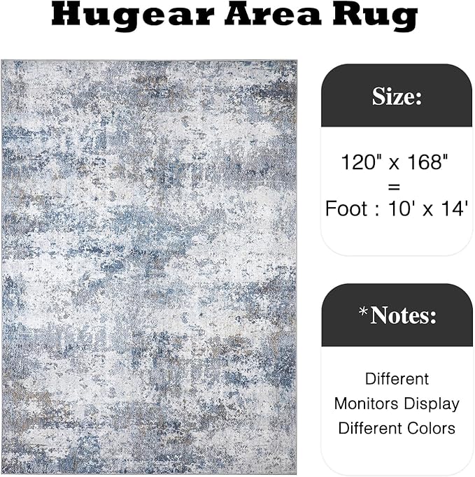 10x14 Washable Rugs Grey Blue Hallway Large Area Rug Indoor Accent Rug Abstract Non Slip Low Pile Carpet Distressed Throw Rug for Bedroom Living Room Office Dining Room Kitchen Laundry Room