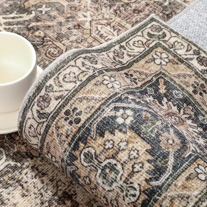Brown Runner Rug 2x14 Vintage Area Carpet Hallway Long Indoor Kitchen Washable Living Room Low Pile Traditional Distressed Retro Accent Throw Rug Non Slip Laundry Bathroom Office Dining Room
