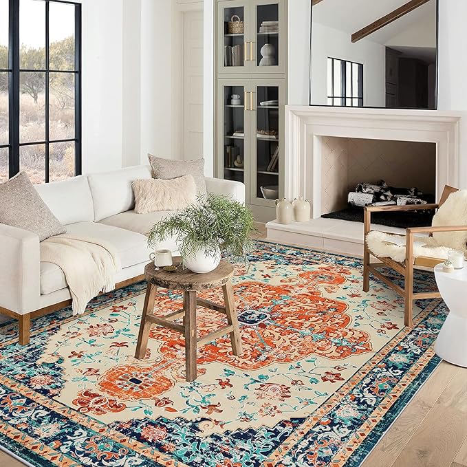 U'Artlines Boho Vintage Area Rug 8x10 Machine Washable Low Pile Soft Floor Carpet Non Slip Non Shedding Accent Rug for Living Room Bedroom Entryway Dining Room Office Orange/Multi