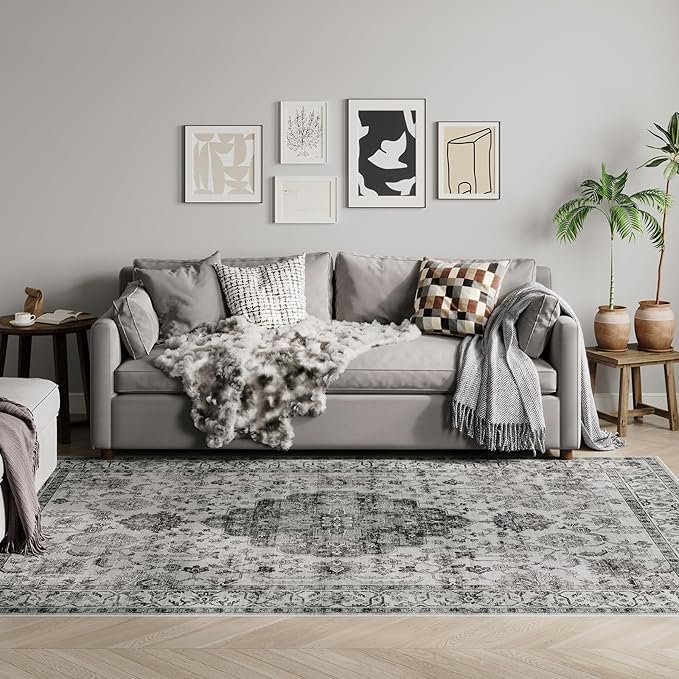 Dripex 8x10 Area Rugs, Machine Washable Non Slip Distressed Boho Rugs,Large Area Rug for Bedroom Aesthetic, No Pile Lightweight Vintage Rug, Carpet for Living Room Dining Room Apartment Den,Grey