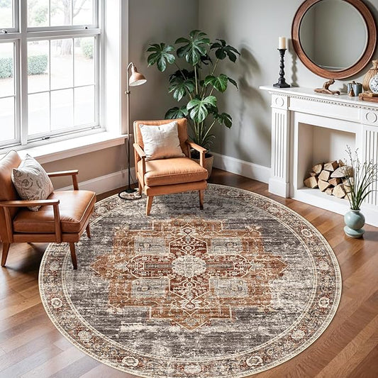 RUUGME Washable 6 ft Round Area Rug - Boho Rugs for Living Room Stain Resistant Carpet Vintage Tribal Rugs for Bedroom Kitchen Bathroom with Non Slip Backing Home Decor Floor Mat 6ft Brick