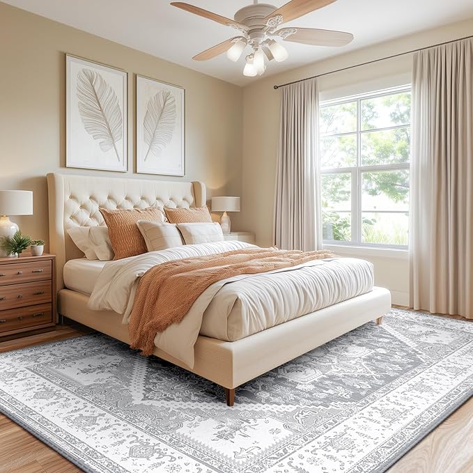 BESTSWEETIE 5x7 Area Rugs for Living Room Washable Non Slip Carpet Low Pile Soft Vintage Print Pattern Rug for Bedroom Dining Room Kitchen Entryway Indoor-Light Grey