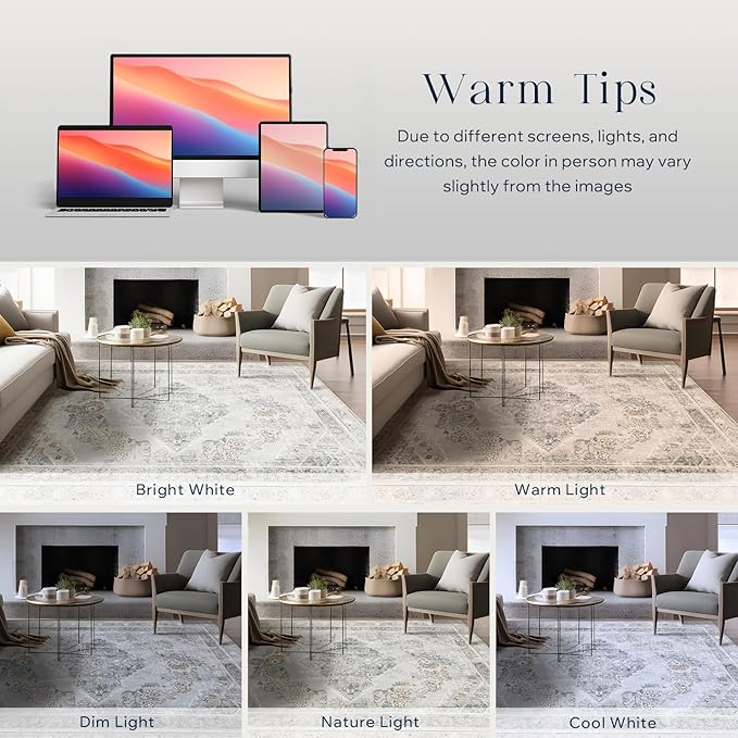 Phantoscope Vintage Collection Area Rug 6'x9' - Large Living Room Rug - Washable Rug Boho Rugs Non-Slip for Bedroom Dining Room, Low-Pile Floor Carpet Distressed Accent R UG, Grey/Dull Teal