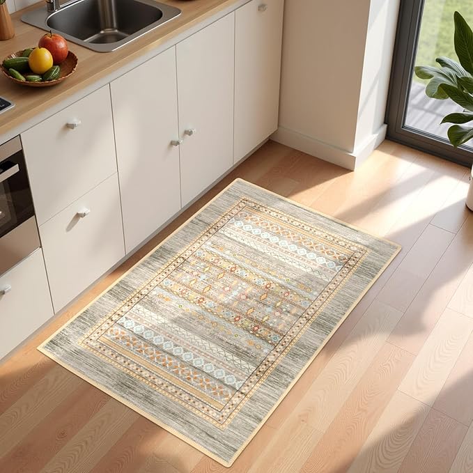 2x3 Small Western Rugs for Entryway, Washable Aztec Geometric Indoor Entrance Door Rug with Non-Slip Backing, Soft Moroccan Throw Rug for Bedroom Kitchen Home Office, Beige & Oliver Green