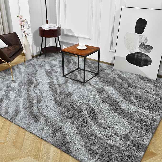 TWINNIS Super Soft Shaggy Rugs Fluffy Carpets, 4x5.9 Feet, Indoor Modern Plush Area Rugs for Living Room Bedroom Kids Room Nursery Home Decor, Upgrade Anti-Skid Rectangular Fuzzy Rug, Grey Black