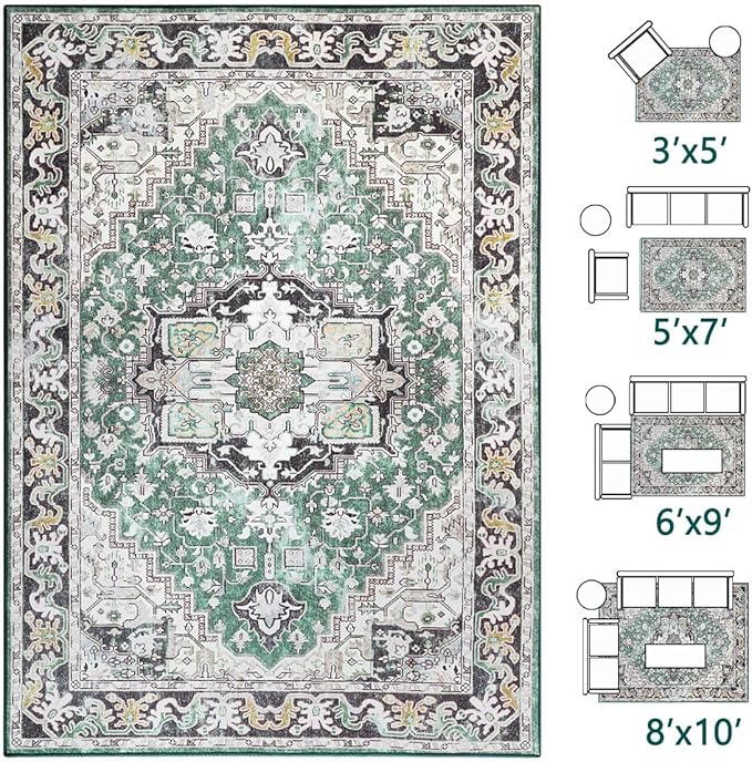 Vitnage Green Area Rug, Low Pile Washable Rugs, Non-Slip Distressed Rugs for Bedroom, Living Room, Kitchen, Dining Room (Green, 5x7)