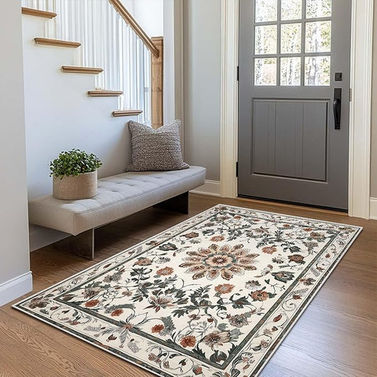 3x5 Entryway Rug Boho Leaf Beige Area Rug Indoor Entrance Non Slip Door Mat Stain Resistant Washable Machine Soft Low Pile Small Carpet Bathroom Kitchen