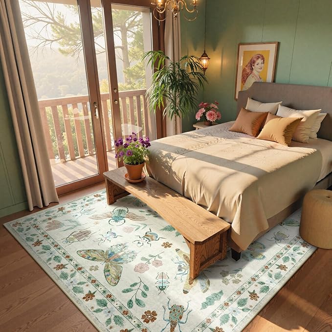Beeiva Insect Print Rug 6x9, Washable Carpet for Living Room Non Slip, Low Pile Ultra Thin Foldable Large Area Rugs for Office, Bedroom, Kids Room, Playroom, Nursery - Beige