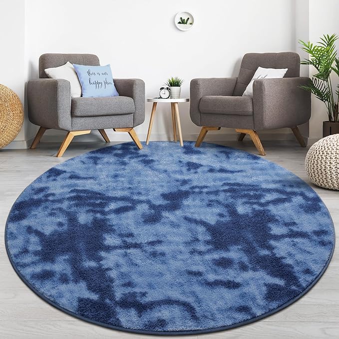 Lascpt Round Rug for Bedroom 7x7, Tie-Dyed Navy Blue Circle Rug for Living Room Super Soft Thicken Memory Foam Circular Rug, Indoor Area Rug for Modern Home Decor, Round Carpet for Nursery Kid's Room