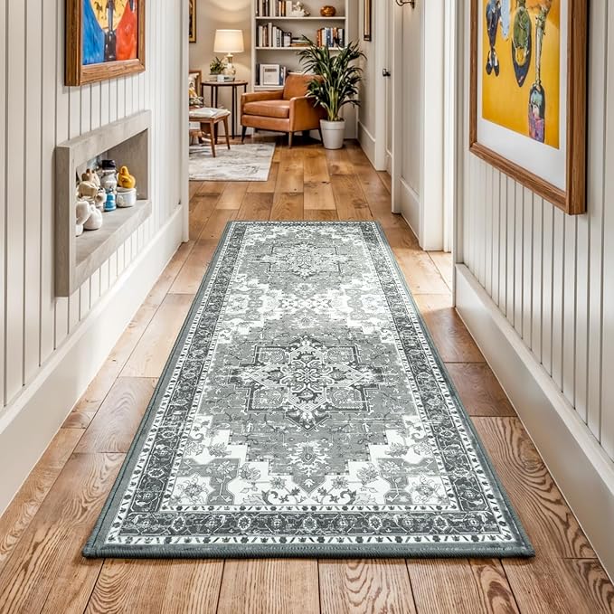 2x6 Runner Rug, Non-Slip Washable for Kitchen Hallway, Soft Low-Pile Area Rugs, Vintage Traditional Floral Aesthetic Carpet, Stain-Resistant Durable, Non Shedding Bedroom Bathroom Decor, Ash Grey