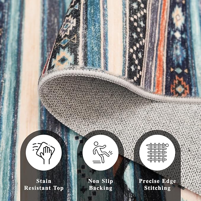 2x6 Runner Rug Washable: Non-Slip Southwestern Striped Carpet for Hallway Kitchen Entry - Farmhouse Low Pile Stain Resistant Long Thin Front Door Mat 2x6 Blue/Black/Multi