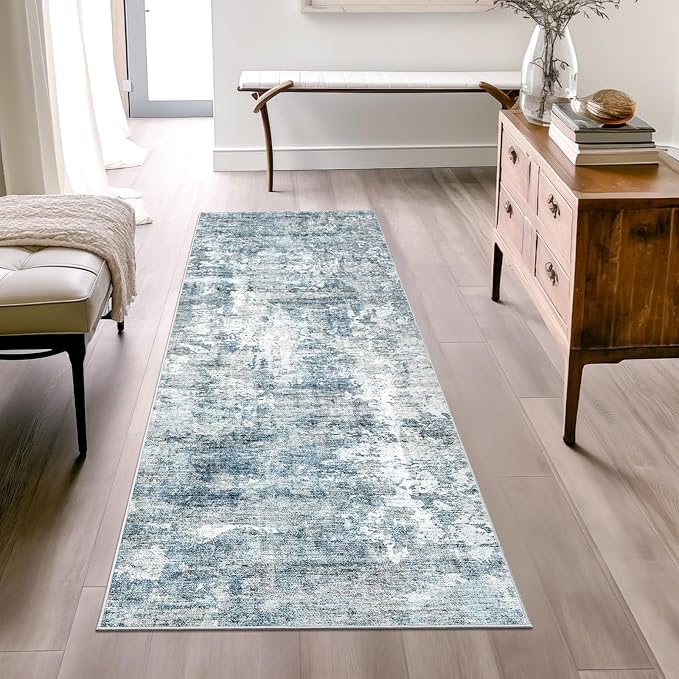 Runner Rug 2'x6' Abstract Washable Non-Slip Runner Rugs for Kitchen Bathroom Laundry Room Blue Vintage Floor Carpet Runners for Hallway Entryway