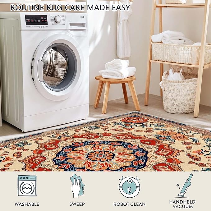 3x5 Entryway Rug Boho Orange Blue Area Rug Indoor Entrance Non Slip Door Mat Stain Resistant Washable Machine Soft Low Pile Small Carpet Bathroom Kitchen