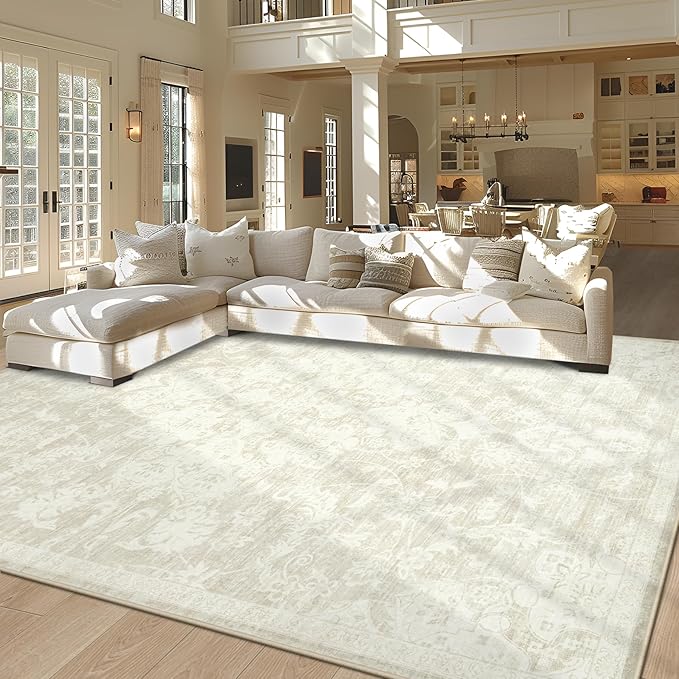 Washable Rugs 8x10 Area Rugs, Soft Vintage Living Room Rug with Anti-Skid Backing Stain Resistant Thin Indoor Carpet Large Area Rug for Bedroom Under Dining Room Table Nursery Entryway-Beige