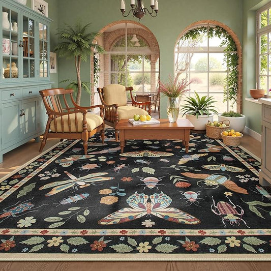 Beeiva Insect Print Rug 8x10, Washable Throw Rugs for Bedroom Under Bed, Boho Non Slip Low Pile Ultra Thin Foldable Large Carpet for Office, Kids Room, Playroom, Living Room - Black
