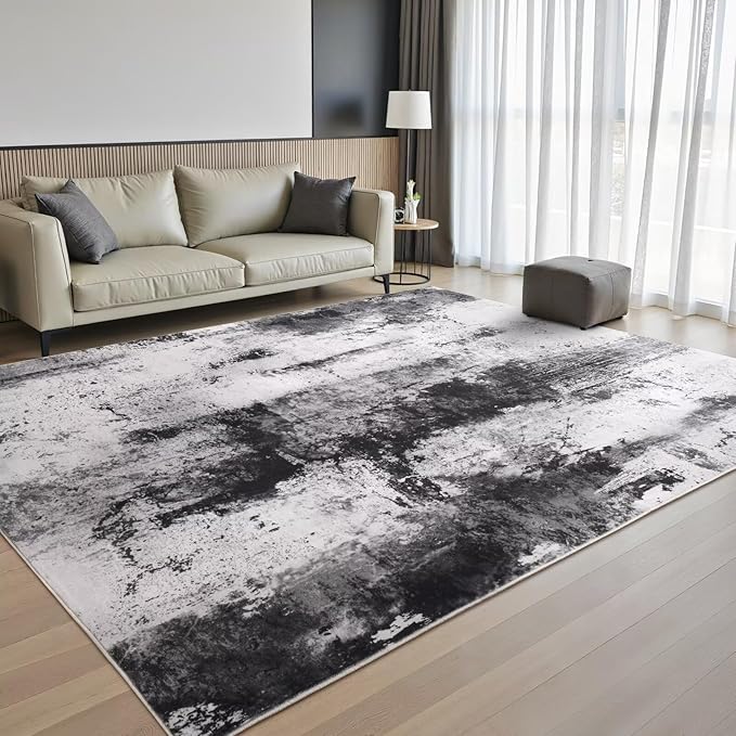 4x6 Grey Washable Area Rug for Living Room Bedroom, Modern Abstract Non-Slip Rugs, Low Pile Soft Stain Resistant Carpet for Dining Room, Kitchen, Office, Dorm, Bedside Decor