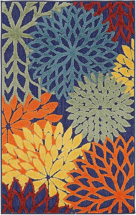 Nourison Aloha Indoor-Outdoor Navy Multicolor 2'8" x 4' Area Rug, Easy Cleaning, Non Shedding, Bed Room, Living Room, Dining Room, Backyard, Deck, Patio (3x4)