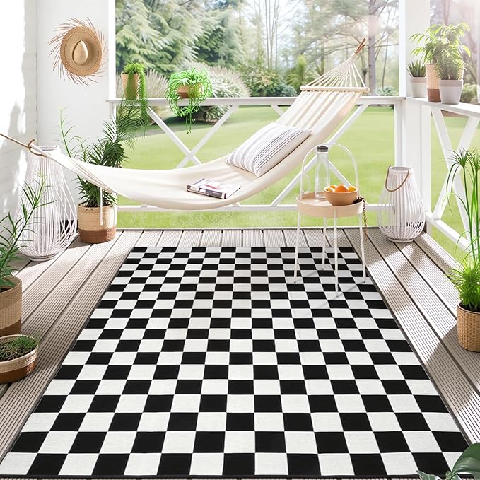 Seavish Checkered Rug, 5x6.5 Ft Black and White Outdoor Rug Moroccan Checkerboard Mat Washable Runner Rug Cotton Woven for Hallway Front Door Bedroom Entryway Kitchen Floor Reversible Area Rugs