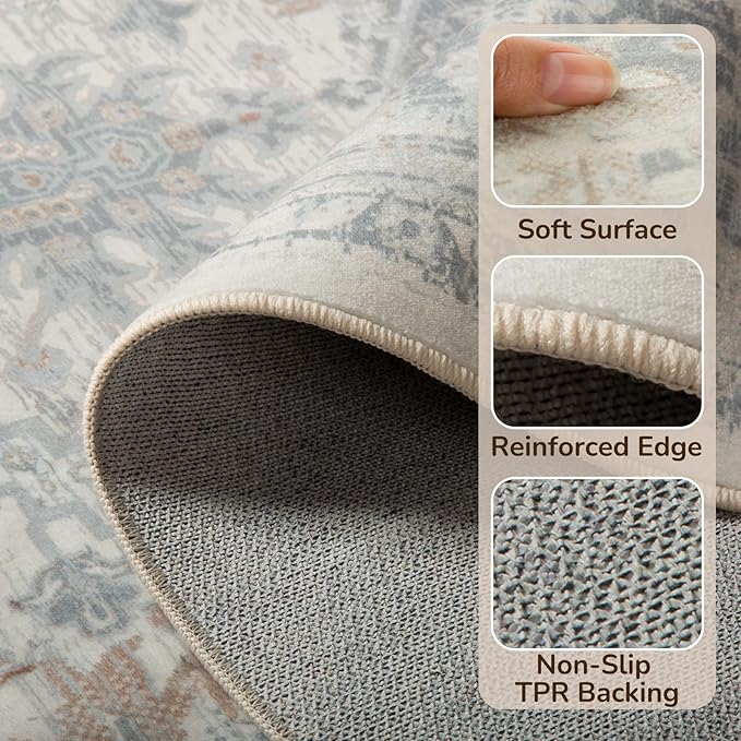 BESTSWEETIE 6x9 Area Rugs for Living Room Washable Non Slip Carpet Low Pile Soft Vintage Print Pattern Rug for Bedroom Dining Room Kitchen Entryway Indoor-Light Taupe/Brown
