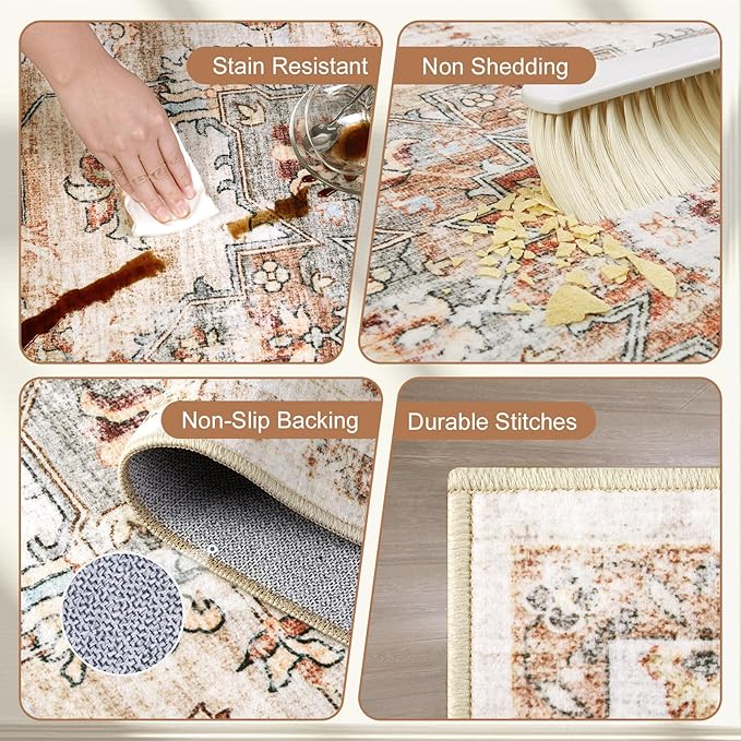 Area Rugs for Living Room 9x12 - Large Machine Washable Vintage Oriental Soft Rug, Low Pile Thin Carpet with Non Slip Backing for Bedroom, Dorm, Under Dining Room Table, Indoor House, Office Decor