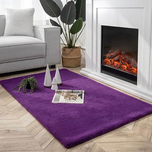 Ashler Faux Fur Rug, Ultra Soft Faux Rabbit Fur, Purple Area Rugs, 3 x 5 Feet Rectangle, Machine Washable Nursery Decor Throw Rugs for Bedroom, Kids Room, Living Room