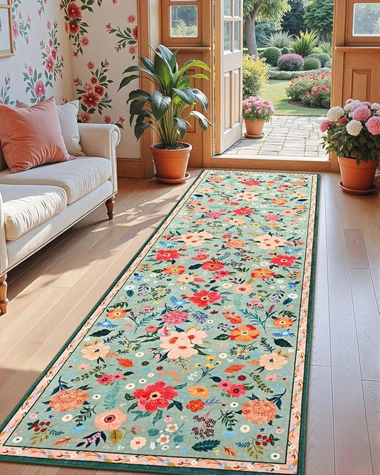 2.5x8 Floral Runner Rug, Flowers Printed Washable Rugs with Non Slip Backing for Girls Bedroom Kitchen Hallway,Cute Carpet Runners Home Aesthetic Decor, Light Green
