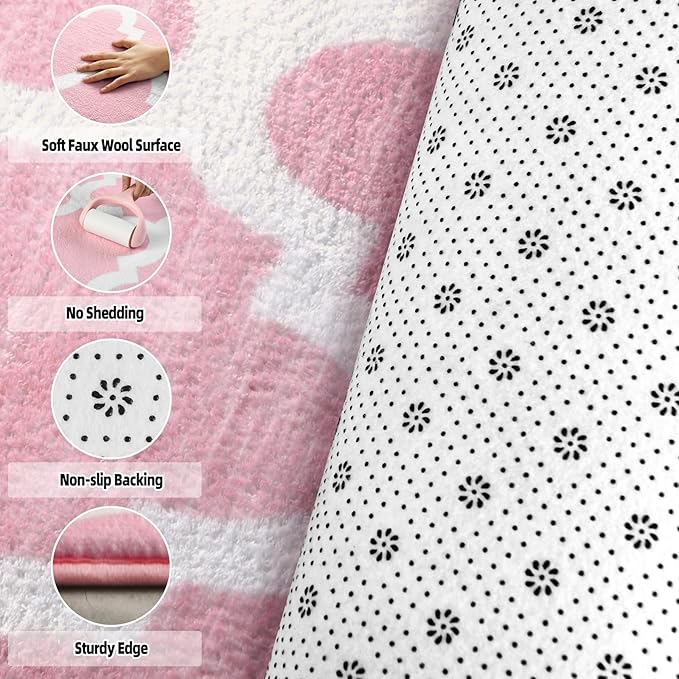 Geometric Shag Modern Area Rug for Living Room Bedroom, 3x5 Distressed Moroccan Fluffy Rug Indoor Carpet for Kids Nursery Bedside Room Decor, Memory Foam Super Soft Shaggy Rugs, Pink/White