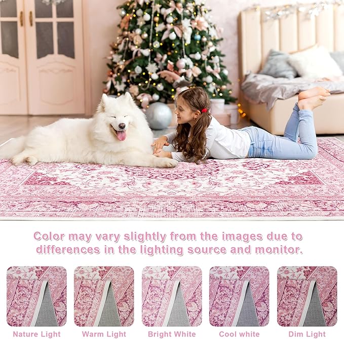 2x3 Bright Pink Area Rug for Entryway, Small Washable Rugs with Non-Slip Backing for Girls Bedroom, Cute Vintage Throw Carpet Kitchen Laundry Front Door Decor